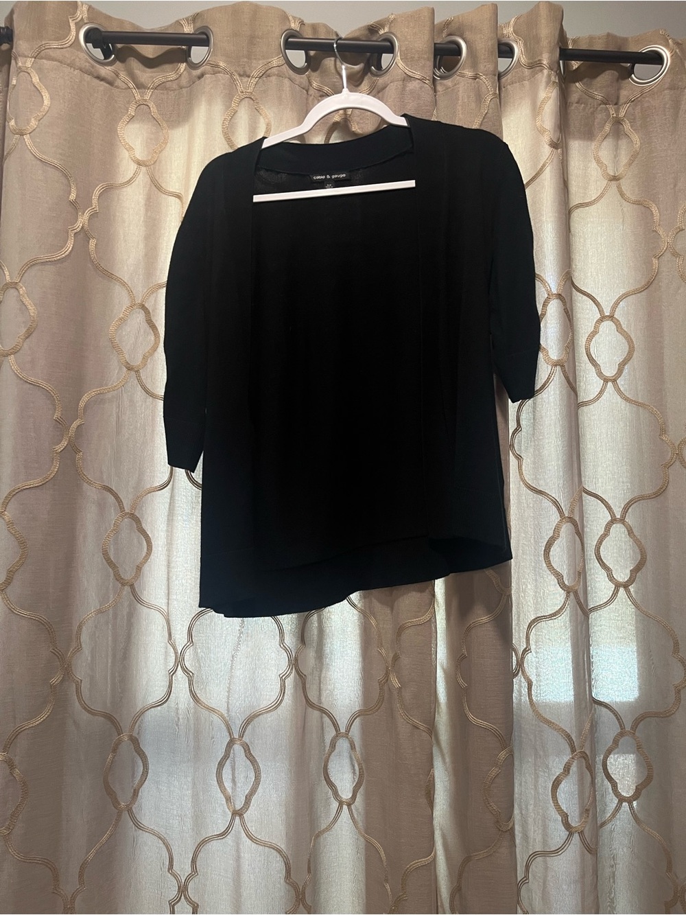 Cable & Gauge Black Open-Front Draped Cardigan with Three-Quarter Sleeves